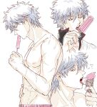  1boy ? adam's_apple collarbone ena33333333 food gintama highres holding holding_ice_cream_cone ice_cream_cone looking_at_viewer looking_to_the_side male_focus multiple_scars nipples pectorals popsicle sakata_gintoki scar short_hair simple_background topless_male white_background 