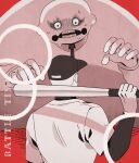  add-on_(off) angry arm_up arms_up bald baseball_bat baseball_cap commentary_request english_text enoch_(off) from_behind greyscale_with_colored_background hat holding holding_baseball_bat holding_weapon layered_clothes layered_sleeves long_sleeves necktie off_(game) open_mouth red_background seikoo_caffeine shirt short_hair short_over_long_sleeves short_sleeves sweat teeth the_batter_(off) very_short_hair weapon wide-eyed 