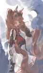  1girl absurdres angelina_(arknights) angelina_the_mellow_wish_(arknights) animal_ear_fluff animal_ears arknights black_gloves black_hairband brown_eyes brown_hair chinese_commentary commentary_request cowboy_shot detached_sleeves dress fox_ears fox_girl from_side gloves hair_between_eyes hairband highres long_hair long_sleeves looking_at_viewer pleated_dress profile revk solo standing twintails very_long_hair white_dress 