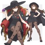  1girl absurdres alternate_costume black_coat black_dress black_hat black_pantyhose black_shoes breasts brown_eyes brown_hair closed_mouth coat coat_on_shoulders commentary crossed_bangs crossed_legs dress english_commentary hand_on_own_hip hat high_heels highres holding holding_poke_ball leaf_(pokemon) long_hair looking_at_viewer master_ball medium_breasts mega_stone open_clothes open_coat pantyhose poke_ball pokemon pokemon_firered_and_leafgreen print_pantyhose see-through_cleavage see-through_clothes shoes short_dress sitting skull_and_crossbones skull_print sleeveless sleeveless_dress smile team_rocket truejekart 