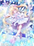  1girl :d bare_shoulders blonde_hair blue_dress blue_hat blunt_bangs blush bow bowtie character_request commentary_request copyright_notice dress frilled_dress frills full_body gloves hair_intakes hand_up hat highres leaning_forward long_hair looking_at_viewer mary_janes momochi_chia official_art open_mouth outstretched_arm pink_bow pink_bowtie pink_eyes pink_shoes platform_shoes shoes short_dress short_sleeves smile socks solo standing twintails white_gloves white_socks z/x 