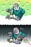  1boy anger_vein angry blood blush commentary_request defective_pudding english_text failure food gameplay_mechanics glasses happy highres humanoid_robot laser male_focus marin_(marin_116) mechanical_arms no_humans plate pudding red_eyes rhythm_tengoku rhythm_tengoku_miracle_stars robot s-catch-01 