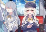  1girl aoba_(blue_archive) black_hat blonde_hair blue_archive blush bow commentary_request gloves hair_ornament hairclip halo hat highres jacket long_hair long_sleeves looking_at_viewer low_twintails miyako_0 multiple_girls newsboy_cap open_mouth red_eyes shirt skirt twintails yellow_halo 