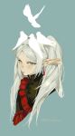  1girl absurdres alternate_costume aqua_background bird black_shirt commentary cropped_torso dated dove earrings elf frieren frills green_eyes high_collar highres jewelry ljt331210196976 looking_at_viewer parted_lips pointy_ears shirt signature solo sousou_no_frieren teardrop_earrings twintails twitter_username untranslatable_commentary 