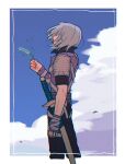  1boy fingerless_gloves fire_emblem fire_emblem:_path_of_radiance foxtail from_side gloves highres holding holding_plant male_focus plant sheath sheathed single_glove solo sword udon_xxxfe weapon zihark_(fire_emblem) 