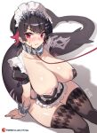  1girl alternate_breast_size_(larger) apron areola_slip artist_name black_hair blush breasts brown_thighhighs collar collarbone colored_inner_hair commentary covered_nipples detached_sleeves ellen_joe english_commentary fins fish_tail fuya_(tempupupu) hairband hand_rest heart_pasties huge_breasts large_areolae leash looking_at_viewer maid_headdress metal_collar metal_hairband mixed-language_commentary multicolored_hair nail_polish pasties puffy_nipples puffy_short_sleeves puffy_sleeves red_eyes red_hair red_nails shark_girl shark_tail short_hair short_sleeves sitting solo spiked_headband tail thighhighs thighs waist_apron wrist_cuffs zenless_zone_zero 