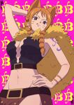  1girl :q animal_ears arm_behind_head arm_up artist_name bangle belt belt_buckle bracelet braid breasts brown_eyes brown_loincloth buckle capelet cat_ears cat_girl cleavage closed_mouth commentary cowboy_shot crop_top earrings eyelashes fur_capelet groin hand_on_own_hip highres jewelry large_breasts loincloth long_hair looking_at_viewer midriff multiple_braids nami_(one_piece) navel official_alternate_costume official_alternate_hairstyle one_piece orange_hair pearl_earrings pink_background posing shoulder_tattoo single_braided_sidelock solo tattoo tongue tongue_out untranslatable_commentary whiskers xindayx yellow_capelet 