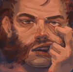  1boy brown_hair commentary disco_elysium english_commentary eyelid_pull facial_hair finger_in_own_mouth green_eyes harry_du_bois highres looking_at_viewer male_focus mature_eyes mutton_chops noiraph open_mouth portrait rolling_eyes solo 