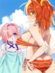  2girls ahoge ass bare_shoulders bikini blue_bikini blue_sky blush breasts choker colored_inner_hair commentary_request fate/grand_order fate_(series) flower fujimaru_ritsuka_(female) fujimaru_ritsuka_(female)_(brilliant_summer) hair_flower hair_intakes hair_ornament hair_over_one_eye hair_ribbon hair_scrunchie highres kijibato0519 large_breasts long_sleeves looking_at_viewer looking_back mash_kyrielight mash_kyrielight_(swimsuit_of_perpetual_summer_ver.03) multicolored_hair multiple_girls one_side_up open_mouth orange_bikini orange_eyes orange_hair orange_scrunchie pink_hair ponytail purple_eyes purple_hair ribbon scrunchie short_hair short_ponytail shrug_(clothing) sky striped_bikini striped_clothes swimsuit textless_version white_shrug 