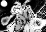  1other androgynous bags_under_eyes commentary cowboy_shot dutch_angle english_commentary enriolhc exhausted eyelashes eyes_visible_through_hair frown fujiwara_no_iyozane full_moon ghost hachimaki hair_ribbon hakama hakama_short_skirt hakama_skirt hand_on_own_shoulder haori headband highres holding holding_oar holding_unworn_clothes holding_unworn_jacket jacket japanese_clothes kimono leaning_back len'en long_sleeves looking_at_viewer moon night oar ocean one_side_up open_mouth other_focus outdoors outline ribbon short_hair short_kimono skirt solo standing teeth unworn_jacket upper_teeth_only white_outline wide_sleeves wind 