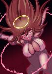 1girl absurdres arms_behind_back bare_shoulders black_background bleach bleach:_sennen_kessen-hen blood blood_on_arm blood_on_breasts blood_on_face breasts brown_hair center_opening cleavage closed_mouth commentary dutch_angle energy english_commentary expressionless eyelashes eyes_visible_through_hair feet_out_of_frame floating_hair hair_between_eyes halo highres inoue_orihime iris.tatsu juliet_sleeves large_breasts leaning_forward long_hair long_skirt long_sleeves puffy_sleeves red_eyes shirt shun_shun_rikka simple_background skirt sleeveless sleeveless_shirt solo tile_floor tiles torn_clothes torn_sleeves upturned_eyes white_shirt white_skirt yellow_halo 