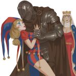  1boy 2girls absurdres armor asymmetrical_gloves blonde_hair blush_stickers breastplate breasts brown_cape cape cleavage commentary crown d: dress english_commentary fleur-de-lis full_armor gauntlets gloves green_eyes hat hat_bell helm helmet highres holding_another's_wrist jester jester_cap jester_costume knight large_breasts medieval medium_breasts multicolored_hat multiple_girls original pauldrons plate_armor puffy_sleeves queen red_dress red_gloves shoulder_armor simple_background striped_clothes striped_headwear teeth upper_teeth_only vertical-striped_clothes vertical-striped_headwear xia_finger 