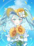  1girl :d absurdres bare_shoulders blue_eyes blue_hair blue_nails blue_sky blush bow cloud commentary day double-parted_bangs dress fingerless_gloves flower gloves hair_between_eyes hanapy-chan hat hat_bow hat_flower hatsune_miku highres holding holding_flower long_hair looking_at_viewer magical_mirai_(vocaloid) magical_mirai_miku magical_mirai_miku_(2026) multicolored_eyes nail_polish off-shoulder_dress off_shoulder open_mouth outdoors plaid_bow sky smile solo sunflower twintails two-tone_eyes upper_body vocaloid white_bow white_dress white_gloves yellow_eyes yellow_flower yellow_hat 