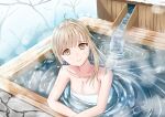  1girl absurdres ahoge bare_arms bare_shoulders breasts brown_eyes brown_hair cleavage collarbone commentary_request highres looking_at_viewer medium_breasts naked_towel onsen otonari_no_tenshi-sama_ni_itsu_no_mani_ka_dame_ningen_ni_sarete_ita_ken shiina_mahiru_(otonari_no_tenshi-sama) signature solo taemonoch towel 