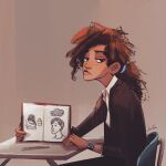  1girl black_eyes black_hair brown_background brown_hair chair commentary dark-skinned_female dark_skin desk earrings english_commentary formal_clothes jacket jewelry jitome junchiuart kinky_hair long_hair looking_at_viewer marvel michelle_"mj"_jones ponytail shirt simple_background sitting solo spider-man:_far_from_home spider-man_(series) suit table very_dark_skin watch wristwatch 