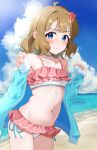  1girl :t absurdres ahoge anger_vein aqua_jacket bare_shoulders bikini blue_eyes blush breasts brown_eyes brown_hair closed_mouth cloud cloudy_sky collarbone commentary_request cumulonimbus_cloud fingernails highres hood hooded_jacket hoodie idolmaster idolmaster_million_live! jacket long_sleeves looking_at_viewer medium_hair navel open_clothes open_jacket pink_bikini pout sky sleeves_past_wrists small_breasts solo stomach suou_momoko swimsuit tanukiinu005 