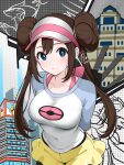  black_pantyhose blue_eyes blush breasts brown_hair building castelia_city castle catfoxart commentary_request covered_navel donut_hair_bun double_bun grid_background hair_between_eyes hair_bun highres korean_commentary looking_at_viewer pantyhose pantyhose_under_shorts poke_ball_print pokemon pokemon_black_2_and_white_2 raglan_sleeves reshiram rosa_(pokemon) shorts sidelocks signature skyscraper spaghetti_strap twintails visor_cap yellow_shorts zekrom 