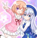  2girls angora_rabbit animal_between_breasts aura beret blue_bow blue_eyes blue_hair blue_vest blush bow cardigan commentary_request cosmic_(nights77) flower gochuumon_wa_usagi_desu_ka? hair_flower hair_ornament hairclip hat heads_together highres hoto_cocoa hoto_cocoa's_school_uniform kafuu_chino kafuu_chino's_school_uniform long_hair looking_at_viewer medium_hair multiple_girls neck_ribbon orange_hair outstretched_arm parallel_hairclips pink_cardigan pink_flower pleated_skirt purple_eyes rabbit red_ribbon ribbon sailor_collar school_uniform serafuku skirt sparkle tareme tippy_(gochiusa) v vest white_sailor_collar white_skirt winter_uniform x_hair_ornament yuri 