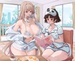  2girls book breakfast breasts brown_hair chair choker cleavage commentary commission cup english_commentary goddess_of_victory:_nikke highres holding holding_book indoors large_breasts long_hair loose_clothes loose_shirt medium_breasts multiple_girls nightgown niijima_makoto niijima_makoto_(queen's_pajamas)_(nikke) official_alternate_costume on_chair persona persona_5 persona_5_the_royal rakeemspoon red_eyes shirt short_hair sitting teacup viper_(nikke) white_choker 
