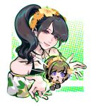  2girls :d absurdres atreedown bare_shoulders blue_shorts brown_eyes brown_hair chibi collar collarbone commentary_request d4dj flower hair_flower hair_ornament hibiscus highres long_hair looking_at_viewer mizushima_marika multiple_girls okada_mei open_mouth ponytail purple_eyes real_life shorts side_ponytail smile solo upper_body 