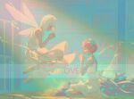  2girls absurdres android artist_name barefoot blue_flower bow chinese_commentary choker closed_eyes commentary_request cytus cytus_ii dress dress_bow fairy_wings floating flower from_side hair_flower hair_ornament highres ivy_(cytus) light_rays long_dress medium_hair metal_skin multiple_girls own_hands_together pink_hair praying ribbon_choker short_hair sitting skin_seams sleeveless sleeveless_dress trove vanessa_(cytus_ii) white_choker white_dress white_hair wings 