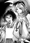  2others black_background chinese_commentary commentary_request cowboy_shot dated detached_sleeves enriolhc expressionless eye_of_senri eye_on_hat eyes_visible_through_hair floating_scarf folded_fan folding_fan greyscale hair_between_eyes hair_rollers hairband hakama hakama_skirt hand_fan hand_up happy hat hat_ribbon height_difference highres holding holding_fan japanese_clothes kariginu kimono layered_sleeves len'en long_sleeves looking_at_another looking_at_viewer monochrome multiple_others obi ofuda ofuda_on_clothes palms ribbon sash scarf senri_tsurubami short_hair short_kimono skirt standing tate_eboshi two-tone_background v vest white_background wide_sleeves zuifeng_tenkai 