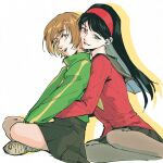  2girls adversarial_noise amagi_yukiko black_sailor_collar black_skirt blush bob_cut cardigan commentary_request green_jacket hairband highres hoj_duck jacket korean_commentary light_smile long_hair miniskirt multiple_girls orange_eyes pantyhose persona persona_4 red_hairband sailor_collar satonaka_chie school_uniform short_hair simple_background skirt thighs tomboy track_jacket 