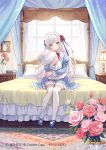  absurdres bed blue_dress blue_shoes commentary_request copyright_request dress flower green_eyes hair_flower hair_ornament hair_ribbon highres holding holding_pillow lino_chang long_hair official_art on_bed pillow red_flower red_rose ribbon rose shoes sitting sleepwear smile socks vase watermark white_hair white_socks 