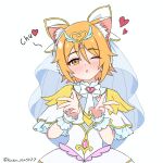  1girl absurdres animal_ear_fluff animal_ears blonde_hair blush bow breasts brooch capelet cat_ears cat_girl commentary cosplay cure_arcana cure_arcana_(cosplay) dress frilled_capelet frilled_cuffs frills g_protage heart heart_brooch highres hiyori_(princess_connect!) jewelry long_hair looking_at_viewer magical_girl meitantei_precure! one_eye_closed open_mouth orange_hair precure princess_connect! short_hair smile touyama_nao upper_body veil very_long_hair voice_actor_connection white_capelet white_dress white_veil winged_gloves winged_heart wrist_cuffs 