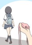  1girl 1other backpack bag black_hair black_socks blue_background blue_sailor_collar blue_skirt bow bow_panties brown_shoes clothes_lift commentary_request holding holding_panties holding_underwear holding_unworn_clothes juukyuu loafers original panties pink_panties pleated_skirt sailor_collar school_uniform serafuku shirt shoes short_sleeves side-tie_panties skirt skirt_lift socks two-tone_background underwear untied_panties white_background white_shirt wind wind_lift 