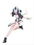  1girl absurdres black_gloves blue_hair bracelet breasts capelet character_request cleavage collarbone colored_bangs colored_eyebrows copyright_request danaid_ianad eyelashes gloves high_heels highres jewelry kuji-in leg_up long_hair looking_at_viewer multicolored_hair open_mouth pelvic_curtain red_eyes sidelocks single_glove skindentation smile solo thigh_strap thighs v-shaped_eyebrows white_hair 