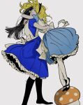  2girls alice_(disney) alice_in_wonderland_(disney) alice_liddell_(american_mcgee's_alice) american_mcgee's_alice apron back_ribbon black_hair blonde_hair blue_dress commentary crossover crossover_pairing dress english_commentary hug lace-trimmed_dress lace_trim long_hair lying multiple_girls mushroom name_connection on_side pankepen pantyhose revision ribbon smile white_apron white_pantyhose white_ribbon yuri 