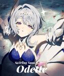 1girl armband armpits arms_up ballerina bare_shoulders blue_dress blue_gem blue_hair breasts character_name cowboy_shot dancing dress english_text eyelashes feather_hair_ornament feathers fur_collar gem genshin_impact gold_shoes hair_between_eyes hair_ornament hairband heart-shaped_gem high_heels highres lake leg_up looking_up medium_breasts miyamiyayaaaa odette_(genshin_impact) open_mouth pantyhose petals pink_gem purple_eyes shadow shoes short_hair sidelocks solo sparkle strapless strapless_dress two-tone_dress white_armband white_dress white_feathers white_hairband white_pantyhose 