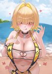 1girl absurdres ahoge beach blonde_hair breasts cleavage clothing_cutout cloud crab elegg_(boom_and_shock)_(nikke) elegg_(nikke) game_controller_print goddess_of_victory:_nikke hair_intakes hair_over_eyes heart_cutout highres hiyokoko_draw huge_breasts long_bangs looking_at_viewer ocean official_alternate_costume outdoors rabbit_choker see-through_clothes see-through_slingshot_swimsuit short_hair sky slingshot_swimsuit solo starfish swimsuit two-tone_slingshot_swimsuit yellow_slingshot_swimsuit 