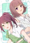  2girls :d bare_shoulders blunt_bangs blunt_ends bob_cut brown_hair chamomile_tea38 clothing_cutout collared_shirt commentary_request cropped_shirt goto_akira green_background green_eyes green_jacket highres ikizulive!_love_live!_bluebird jacket love_live! medium_hair midriff multiple_girls navel open_mouth ponytail sasaki_shion shirt short_hair shoulder_cutout sidelocks sleeveless sleeveless_shirt smile upper_body what_is_my_life?_(love_live!) white_jacket white_shirt 