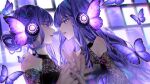  2girls album_cover beni_(bn12x20) bug butterfly clothing_cutout cover from_side hair_between_eyes headphones highres holding_hands interlocked_fingers lace_sleeves long_hair looking_at_another magnet_(vocaloid) multiple_girls original parted_lips purple_butterfly purple_eyes purple_hair shoulder_cutout sidelocks strapless wings yuri 