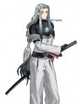  1boy :< alternate_costume arm_at_side belt black_belt black_gloves black_hair black_shirt blue_eyes chest_harness commentary_request copiki_017 curtained_hair earrings expressionless feet_out_of_frame gloves gradient_hair grey_hair hair_tubes hand_on_hilt harness highres himetsuru_ichimonji_(touken_ranbu) jacket jewelry katana long_hair long_sidelocks long_sleeves looking_at_viewer low-tied_long_hair male_focus multicolored_hair off-shoulder_jacket off_shoulder pants parted_bangs sheath sheathed shirt sidelocks simple_background single_hair_tube sleeve_garter solo standing stud_earrings sword touken_ranbu turtleneck turtleneck_shirt twitter_username very_long_hair weapon white_background white_jacket white_pants 