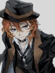  1boy bangs black_coat black_collar black_headwear black_straps black_vest blue_eyes bungou_stray_dogs coat collar collared_shirt hair_between_eyes hiba_riko highres looking_away male_focus medium_hair nakahara_chuuya shirt simple_background solo vest wavy_hair white_background 