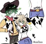  2boys absurdres andrew_graves animal_ears animal_print aru_graves black_hair blonde_hair bright_pupils commentary commission cosplay costume_switch cow_ears cow_horns cow_print cowboy_hat ear_tag english_commentary green_eyes hair_between_eyes hand_on_another's_shoulder hat highres holding holding_rope horns implied_yaoi jessie_the_yodeling_cowgirl looking_at_viewer multiple_boys pants pubic_tattoo rope sheriff_woody shirt soooftnana tattoo the_coffin_of_andy_and_leyley torn_clothes torn_pants toy_story watermark white_background white_pupils white_shirt 
