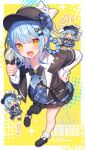  1girl :d asymmetrical_legwear bag bird_hat_ornament black_bag black_bow black_bowtie black_capelet black_hat black_pantyhose black_shoes blue_hair blue_necktie blue_skirt border bow bowtie braid braided_hair_rings capelet chibi chibi_inset collared_shirt commentary commission contrast_collar deerstalker footwear_bow frilled_skirt frilled_socks frills grey_vest hair_bow hair_rings hand_on_own_hip hat hat_bow highres holding holding_magnifying_glass kashiba_aira layered_skirt long_sleeves magnifying_glass mahou_shoujo_no_majo_saiban necktie open_mouth pantyhose plaid_clothes plaid_skirt shirt shoes short_hair single_leg_pantyhose skeb_commission skirt smile socks solo tachibana_sherry vest white_border white_bow white_shirt white_socks yellow_background yellow_eyes 