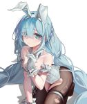  1girl absurdres animal_ears azur_lane blue_eyes blue_hair braid brown_pantyhose closed_mouth eyes_visible_through_hair fake_animal_ears gloves hair_over_one_eye highres janus_(a_lesson_in_billiards)_(azur_lane) janus_(azur_lane) leotard long_hair looking_at_viewer no_shoes official_alternate_costume pantyhose playboy_bunny rabbit_ears seiza sidelocks simple_background single_hair_intake sitting solo torn_clothes torn_pantyhose very_long_hair white_background white_gloves white_leotard xiyu_(52710106) 