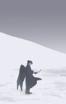  1boy absurdres black_wings boots character_request commentary curtained_hair feathered_wings from_side full_body giiio0716 hair_bun highres holding_headband male_focus minecraft_youtube solo standing wind wind_lift wings 