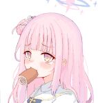  1girl blue_archive blue_bow blue_bowtie blue_halo blunt_bangs blush bow bowtie cake capelet commentary food food_in_mouth hair_bun hair_ornament halo long_hair looking_at_viewer meme mika_(blue_archive) mika_swiss_roll_(meme) multicolored_halo newdosirak pink_hair pink_halo portrait simple_background single_side_bun solo swiss_roll tearing_up two-tone_halo white_background white_capelet yellow_eyes 