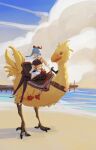  1girl absurdres agemaki_knot animal_on_lap aqua_eyes bare_shoulders beach beads beak bell bird black_bodystocking black_eyes black_gloves blue_hair cat cat_on_lap chocobo closed_mouth cloud cloudy_sky collar commentary cowbell crossed_legs detached_sleeves dotr_art feathers final_fantasy ganyu_(genshin_impact) genshin_impact gloves hand_on_another's_neck highres horns long_hair long_sidelocks neck_bell ocean on_lap petting pier red_rope riding riding_bird rope saddle saddle_blanket sand shadow shoes sidelocks sitting sky standing tassel untranslatable_commentary waves white_collar white_shoes yellow_feathers 