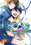  2boys bachira_meguru blonde_hair blue_lock blue_shirt blue_shorts blush bouquet carrying dated happy happy_birthday highres holding holding_bouquet isagi_yoichi male_focus multicolored_hair multiple_boys open_mouth piggyback shirt short_hair shorts simple_background smile streamers toneon00 two-tone_hair white_background yaoi 