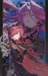 1girl absurdres armor black_dress blue_eyes breasts commentary dress expressionless haneopng heterochromia highres long_hair looking_ahead lotan_(cetarchon)_(morimens) lotan_(morimens) morimens multiple_views pauldrons red_eyes red_hair scar scar_across_eye scar_on_face shoulder_armor single_pauldron 
