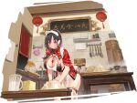  1girl animal azur_lane baking bamboo_steamer bangs bird black_hair blush breasts butter chef_hat chinese_clothes cleavage closed_mouth dough food hair_ornament hat highres indoors kitchen large_breasts long_hair maid_headdress manjuu_(azur_lane) official_art pelvic_curtain popqn purple_eyes short_sleeves simple_background sweat sweatdrop table thigh_strap thighs ting_an_(azur_lane) ting_an_(tender_white_jade)_(azur_lane) 