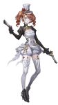  1girl :/ ankle_boots asymmetrical_legwear black_boots black_gloves black_shrug blue_eyes boots breasts chinese_commentary cleavage commentary_request drill_hair dual_wielding facial_mark flower full_body garter_straps gloves gun handgun hat hat_flower heart heart_facial_mark high_heel_boots high_heels highres holding holding_gun holding_weapon juliet_sleeves key long_sleeves looking_at_viewer mark_under_eye medium_breasts medium_hair mismatched_legwear mismatched_thighhighs orange_hair original ponytail puffy_sleeves red_flower red_rose rose short_jumpsuit shrug_(clothing) solo standing striped_clothes striped_thighhighs thighhighs top_hat twin_drills vellie_wenv vertical-striped_clothes vertical-striped_thighhighs weapon white_background white_hat white_thighhighs 