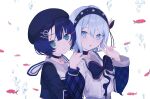  2girls :o absurdres air_bubble bandaid bandaid_on_cheek bandaid_on_face behind_another beret black_bow black_bowtie black_choker black_hairband black_hat black_shirt blue_eyes blue_hair blue_sleeves blush bow bowtie bubble choker ciel_(kamitsubaki_studio) closed_mouth commentary_request daisi_gi double-parted_bangs fingernails fish floral_print from_side hair_between_eyes hair_ornament hairband hairclip hand_on_another's_shoulder hand_up hat head_tilt heads_together highres kamitsubaki_studio layered_sleeves long_sleeves looking_at_viewer looking_to_the_side medium_hair multiple_girls open_mouth parted_bangs plaid_clothes plaid_sleeves print_hairband sailor_collar shirt short_hair short_over_long_sleeves short_sleeves simple_background sinsekai_record smile sooda_(sinsekai) turning_head upper_body v virtual_youtuber white_background white_sailor_collar white_shirt 