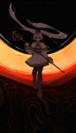  1girl abstract_background boots capelet commentary dark dress elf english_commentary floating_hair frieren full_body gold_trim highres holding holding_staff looking_at_viewer notaxuaxi pointy_ears solo sousou_no_frieren staff twintails walking walking_towards_viewer white_capelet white_dress white_hair 